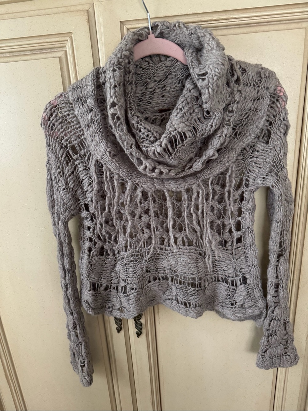 Free People Open-Weave Cowl Neck Sweater in Taupe Gray